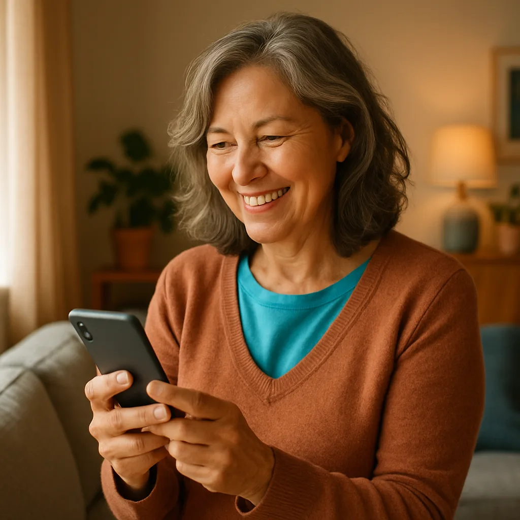 Smiling woman confidently checking her phone — verified profiles on The Isle Of Man Dating Site